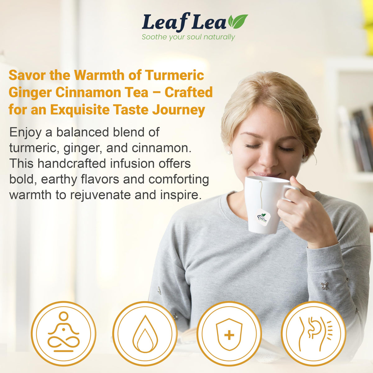 LeafLea Turmeric Ginger Cinnamon Tea – 120 Bags, Natural, Caffeine-Free, No Sugar, Supports Digestion & Immunity