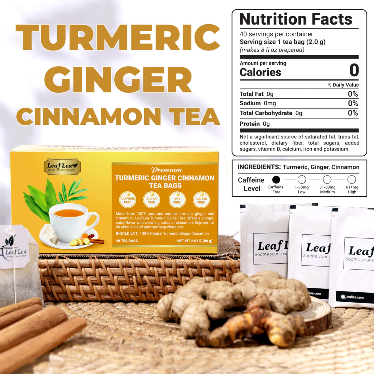 LeafLea Turmeric Ginger Cinnamon Tea – 120 Bags, Natural, Caffeine-Free, No Sugar, Supports Digestion & Immunity