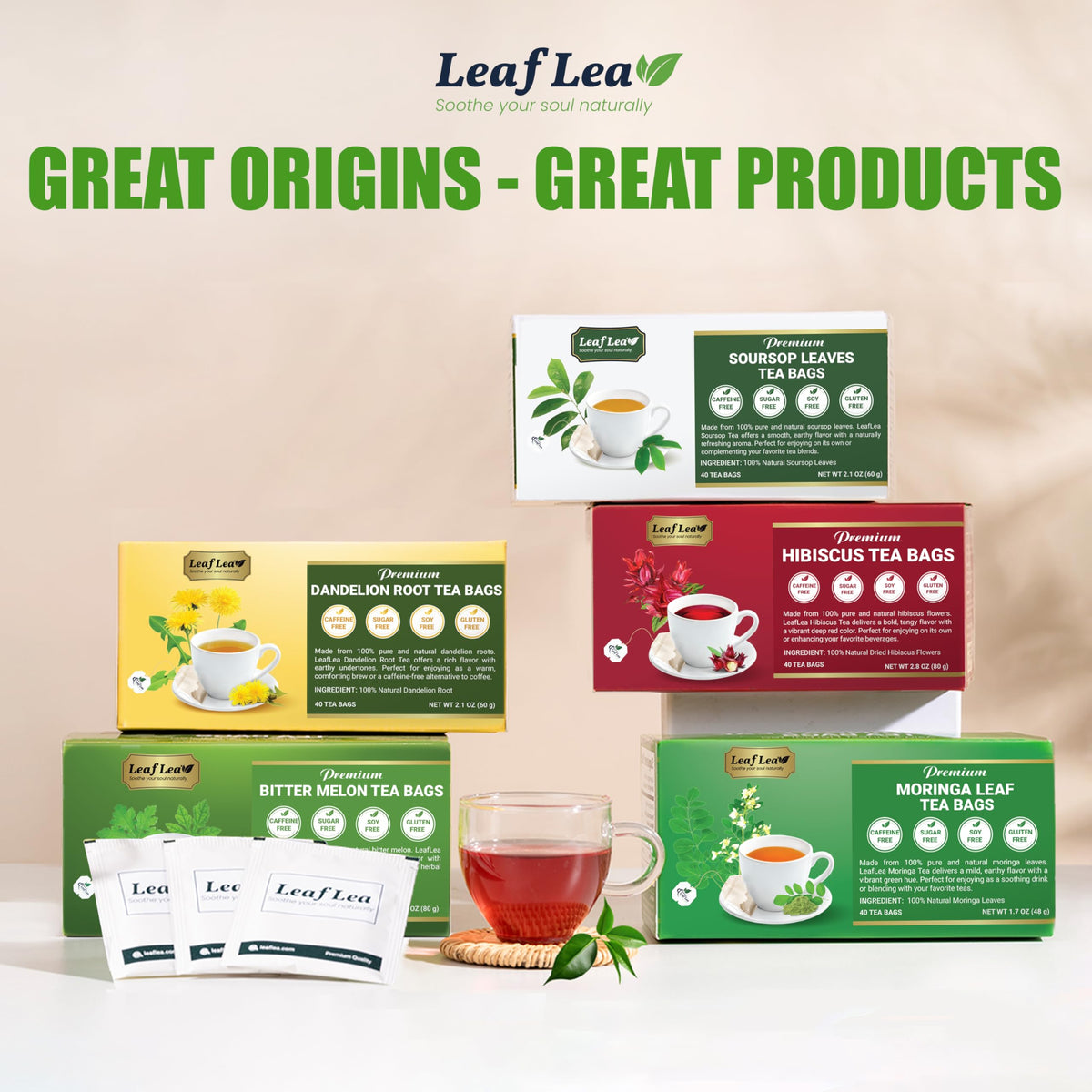 LeafLea 120 Soursop Tea Bags – 100% Pure Graviola Leaves, Caffeine-Free Herbal Tea, Non-GMO, Pack of 3