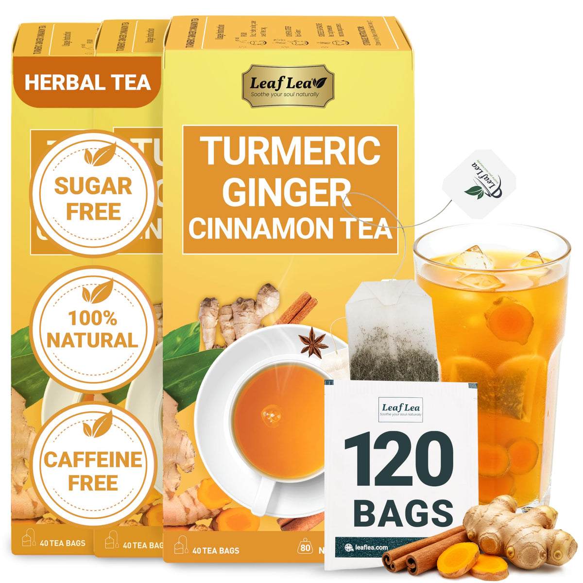 LeafLea Turmeric Ginger Cinnamon Tea – 120 Bags, Natural, Caffeine-Free, No Sugar, Supports Digestion & Immunity