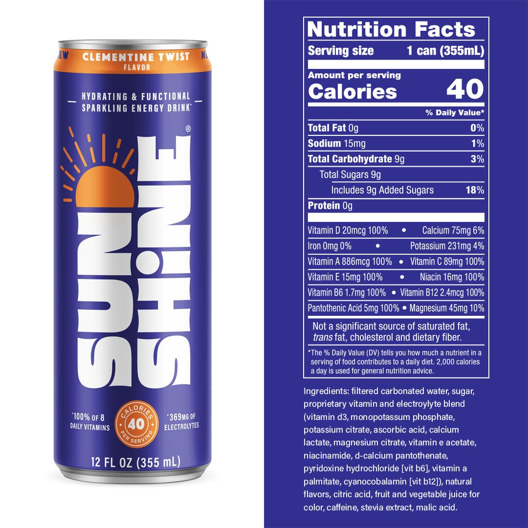 Legendary Sunshine Clementine Twist Sparkling Energy Drink — 360mg Electrolytes, 70mg Caffeine, 12 Pack