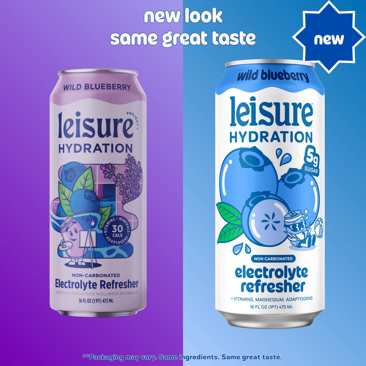 Leisure Hydration Non-Carbonated Electrolyte Refresher — Wild Blueberry, Low Sugar, Magnesium & Ashwagandha — 16 oz, 12-Can Pack