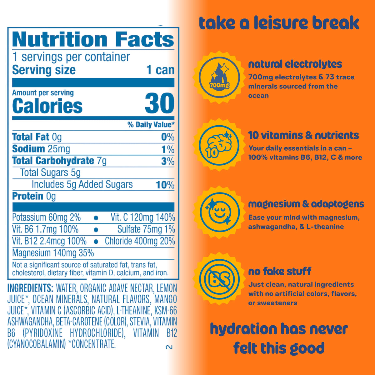 Leisure Hydration Non-Carbonated Electrolyte Refresher – Variety Pack (12 Cans), Low Sugar, with Magnesium & Ashwagandha
