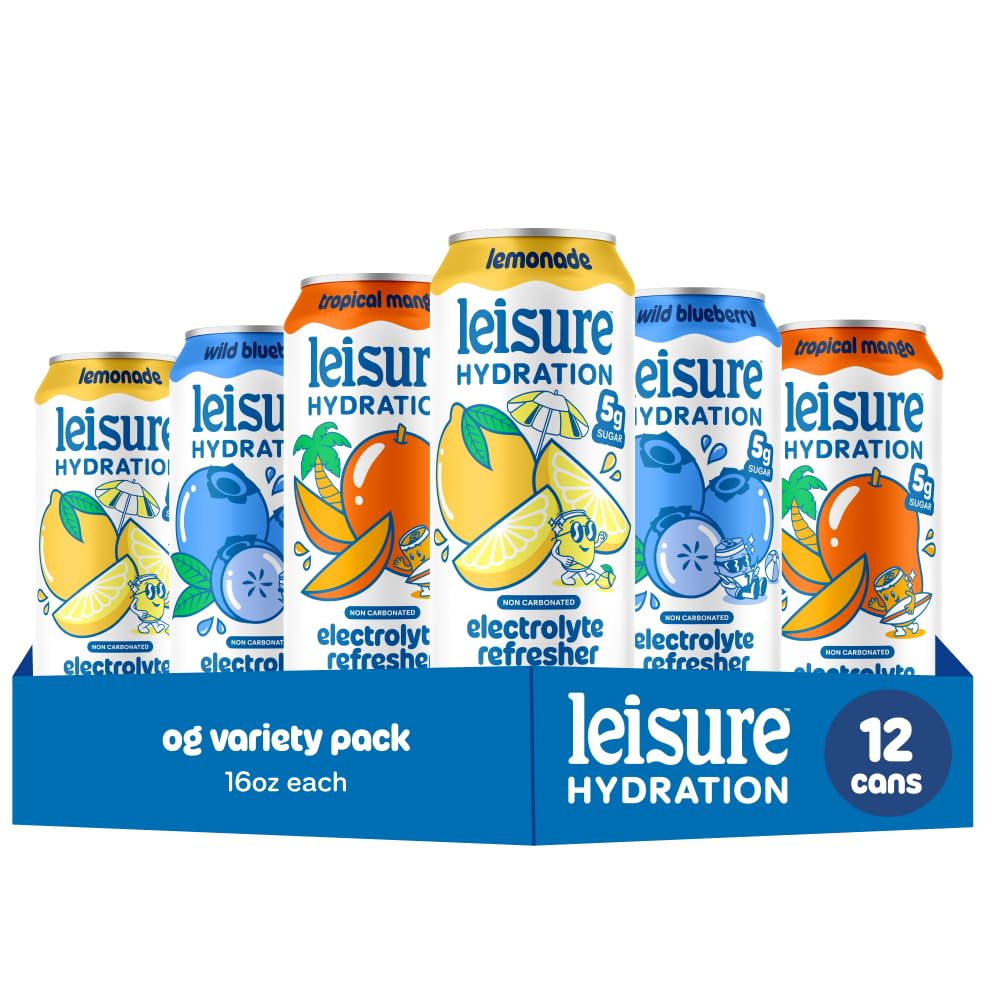 Leisure Hydration Non-Carbonated Electrolyte Refresher – Variety Pack (12 Cans), Low Sugar, with Magnesium & Ashwagandha
