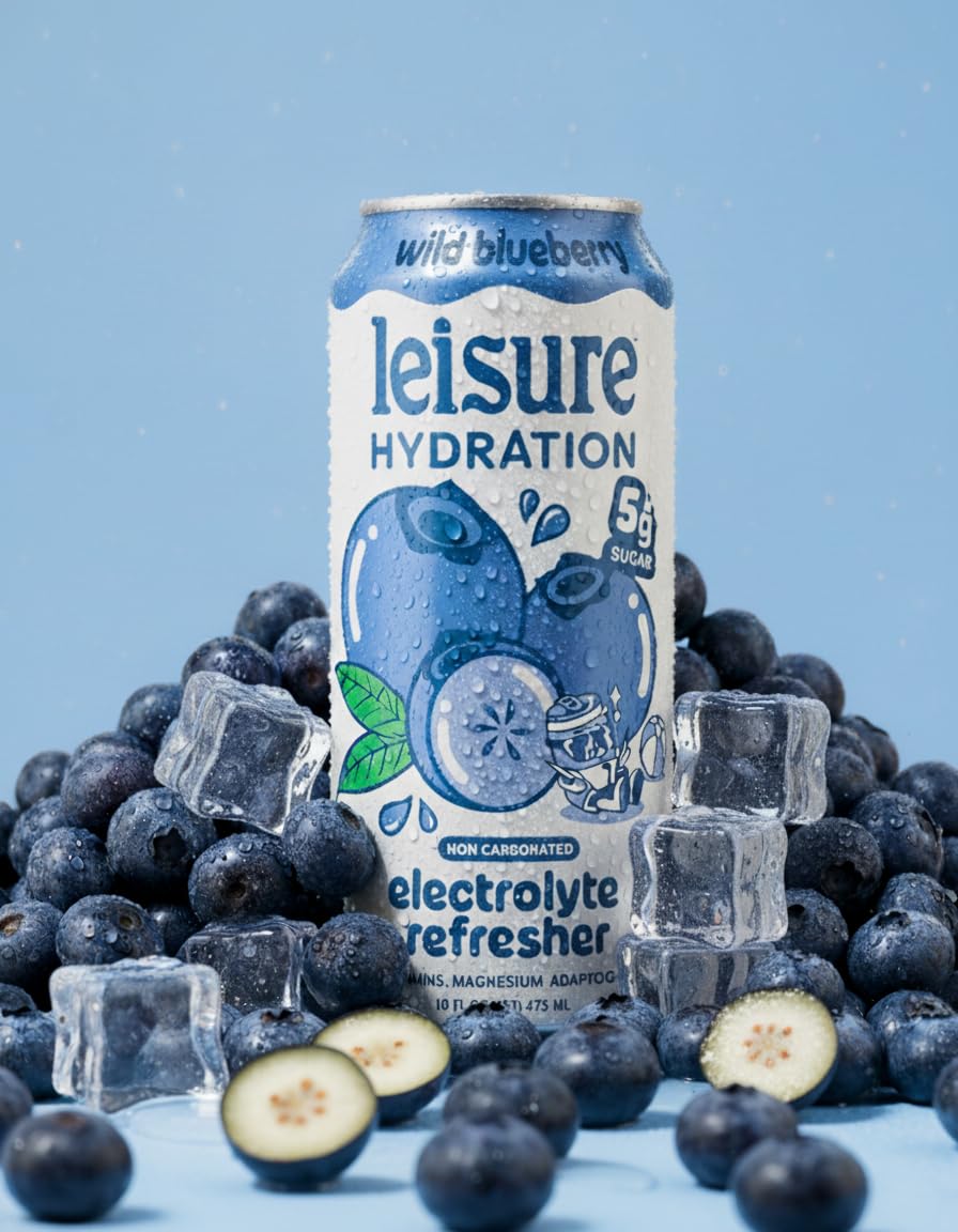 Leisure Hydration Non-Carbonated Electrolyte Refresher — Wild Blueberry, Low Sugar, Magnesium & Ashwagandha — 16 oz, 12-Can Pack