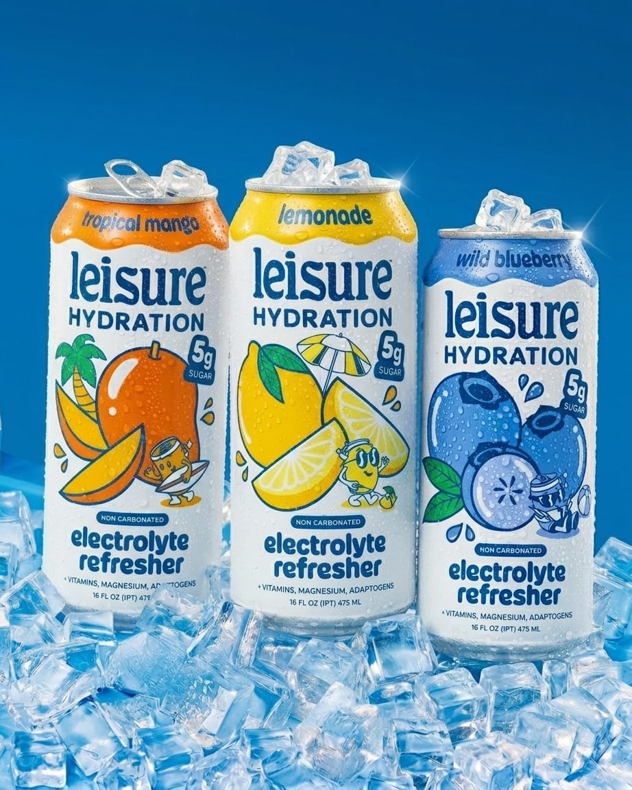 Leisure Hydration Non-Carbonated Electrolyte Refresher – Variety Pack (12 Cans), Low Sugar, with Magnesium & Ashwagandha