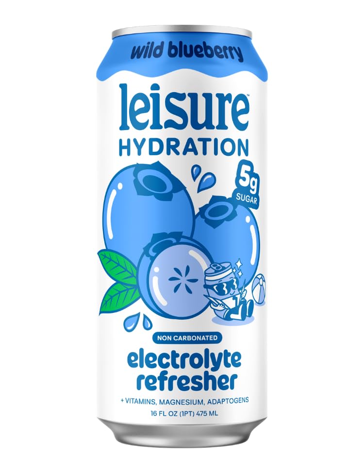 Leisure Hydration Non-Carbonated Electrolyte Refresher — Wild Blueberry, Low Sugar, Magnesium & Ashwagandha — 16 oz, 12-Can Pack