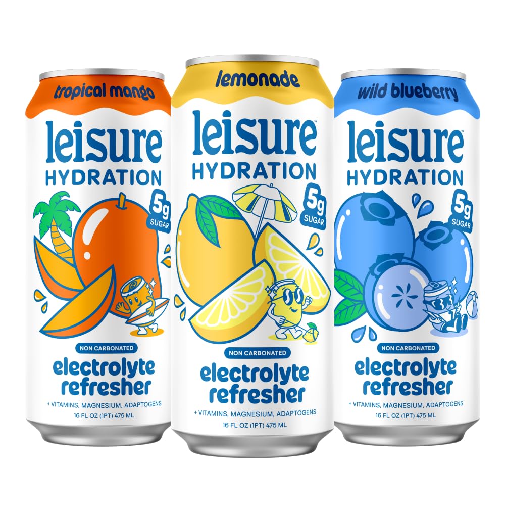 Leisure Hydration Non-Carbonated Electrolyte Refresher – Variety Pack (12 Cans), Low Sugar, with Magnesium & Ashwagandha