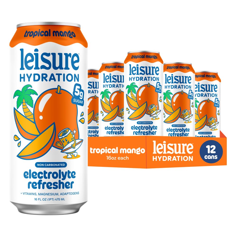 Leisure Hydration Non-Carbonated Electrolyte Refresher – Tropical Mango, Low Sugar, Magnesium & Ashwagandha (16 oz, 12-Pack)