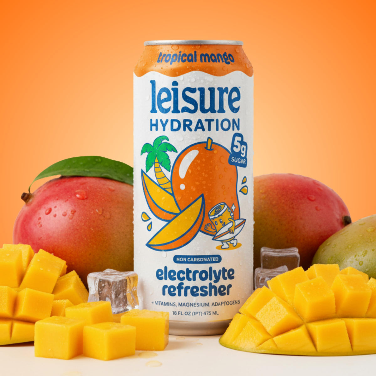 Leisure Hydration Non-Carbonated Electrolyte Refresher – Tropical Mango, Low Sugar, Magnesium & Ashwagandha (16 oz, 12-Pack)