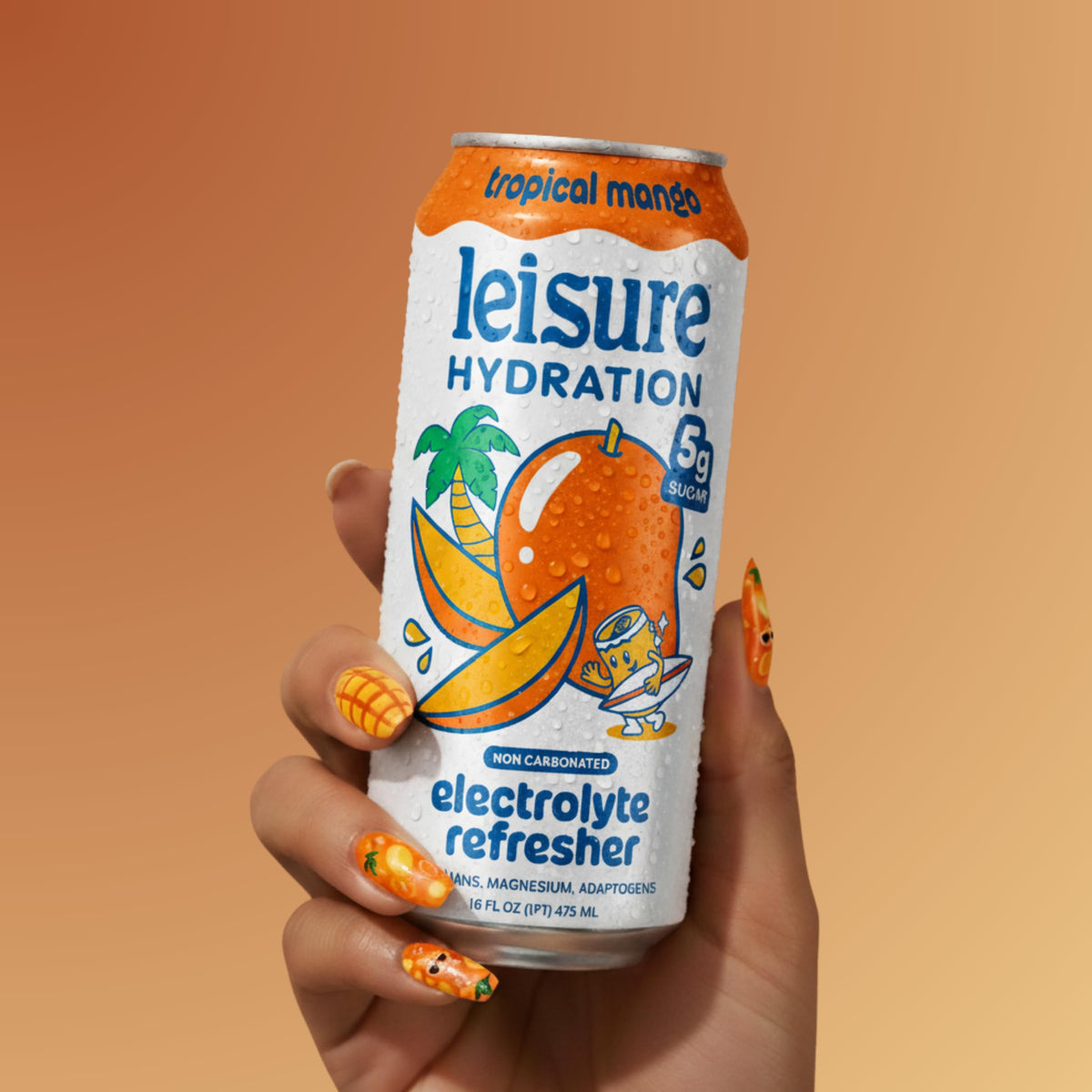 Leisure Hydration Non-Carbonated Electrolyte Refresher – Tropical Mango, Low Sugar, Magnesium & Ashwagandha (16 oz, 12-Pack)