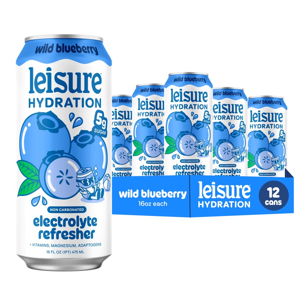 Leisure Hydration Non-Carbonated Electrolyte Refresher — Wild Blueberry, Low Sugar, Magnesium & Ashwagandha — 16 oz, 12-Can Pack