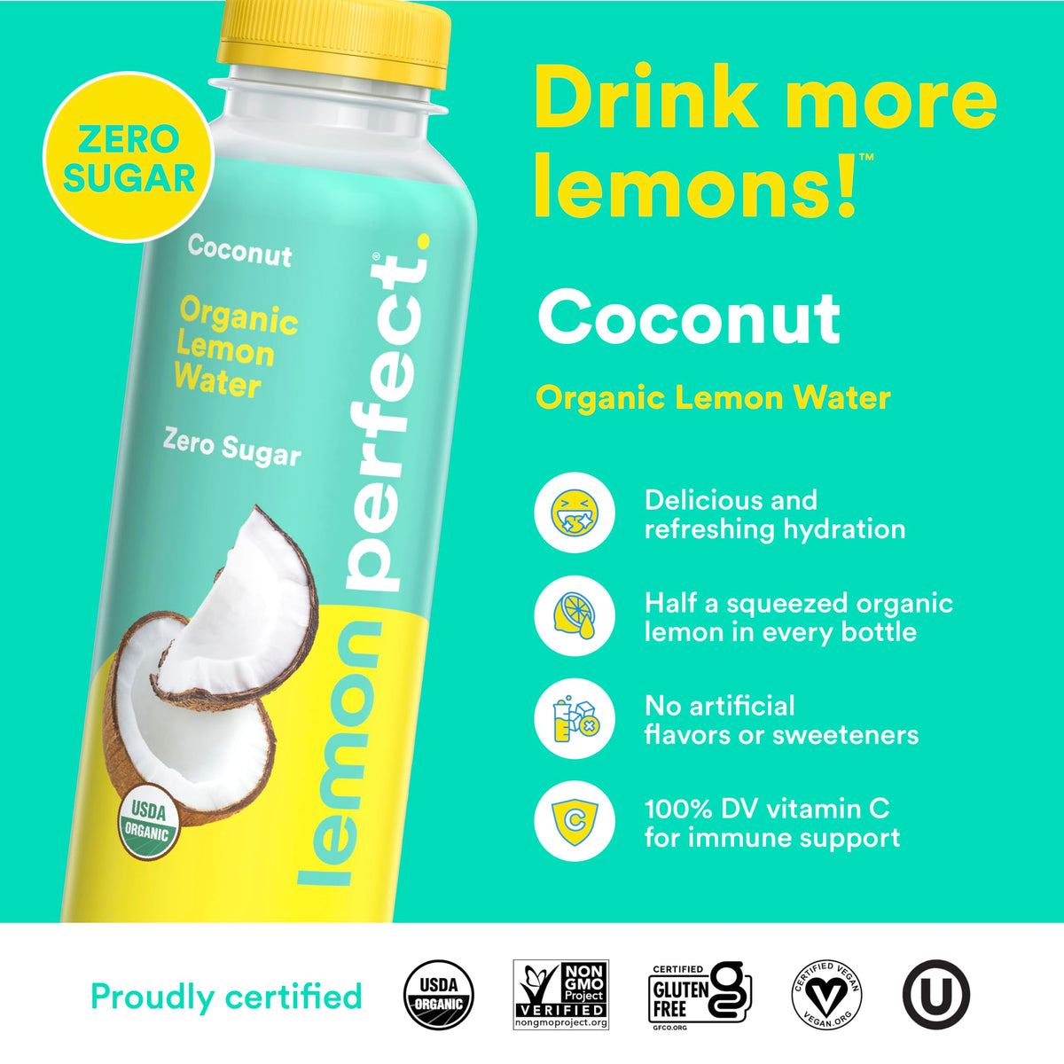Lemon Perfect Coconut Water — Zero Sugar, Organic, 15.2 oz Bottles (12-Pack)
