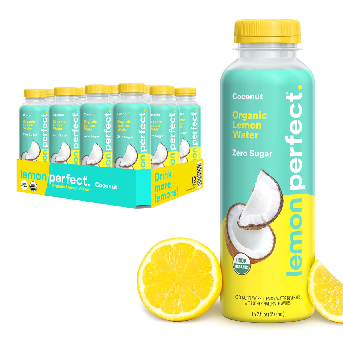 Lemon Perfect Coconut Water — Zero Sugar, Organic, 15.2 oz Bottles (12-Pack)