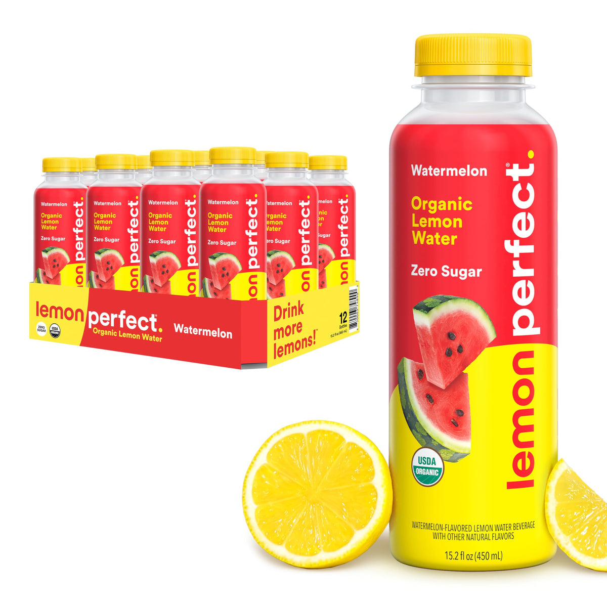 LEMON PERFECT Watermelon – Hydrating Flavored Water, Zero Sugar, Organic, 15.2 fl oz Bottles (12-Pack)