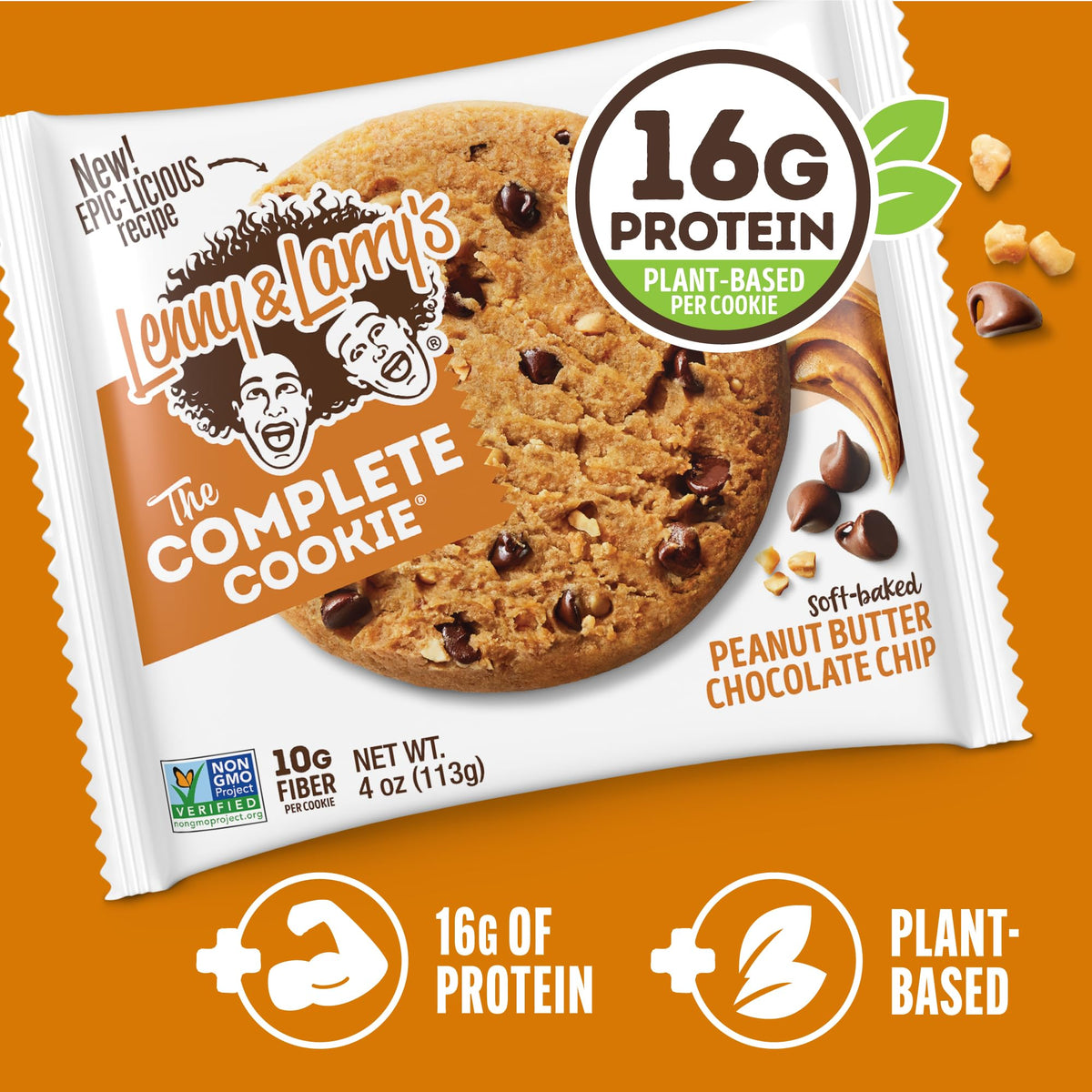 Lenny & Larry's Protein Cookie Peanut Butter Chocolate Chip — 16g Plant Protein, Vegan, Non-GMO, High Fiber, 4 oz, Pack of 12