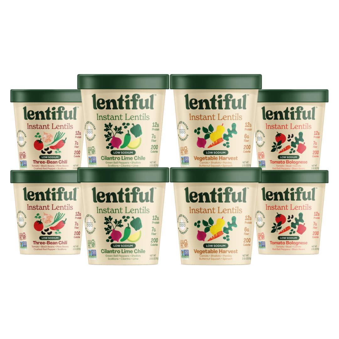Lentiful Low Sodium Lentil Cups Variety Pack – 8 Cups, 4 Flavors | High Protein & Fiber