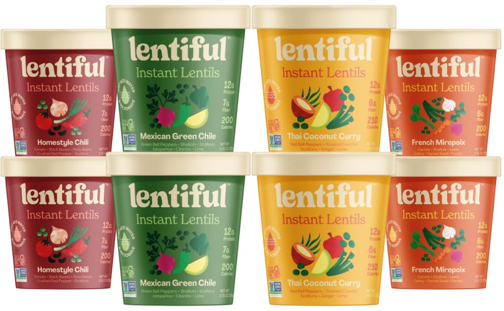 Lentiful Instant Lentil Cups 8-Count Variety Pack | Mexican Green Chile, French Mirepoix, Homestyle Chili, Thai Coconut Curry | 12g Protein, 6-7g Fiber, Vegan, Gluten-Free
