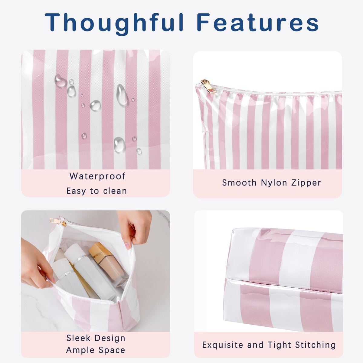 Lestikave Large PVC Waterproof Striped Makeup Bag(04Pink Stripe)