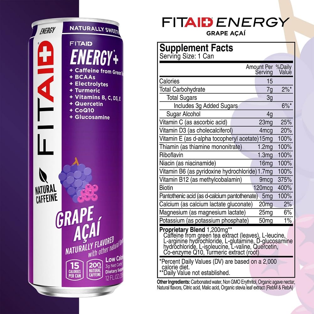 FITAID Energy Grape Acai | 200mg Caffeine, Clean Recovery, Vegan & Keto | Pack of 12 | LIFEAID