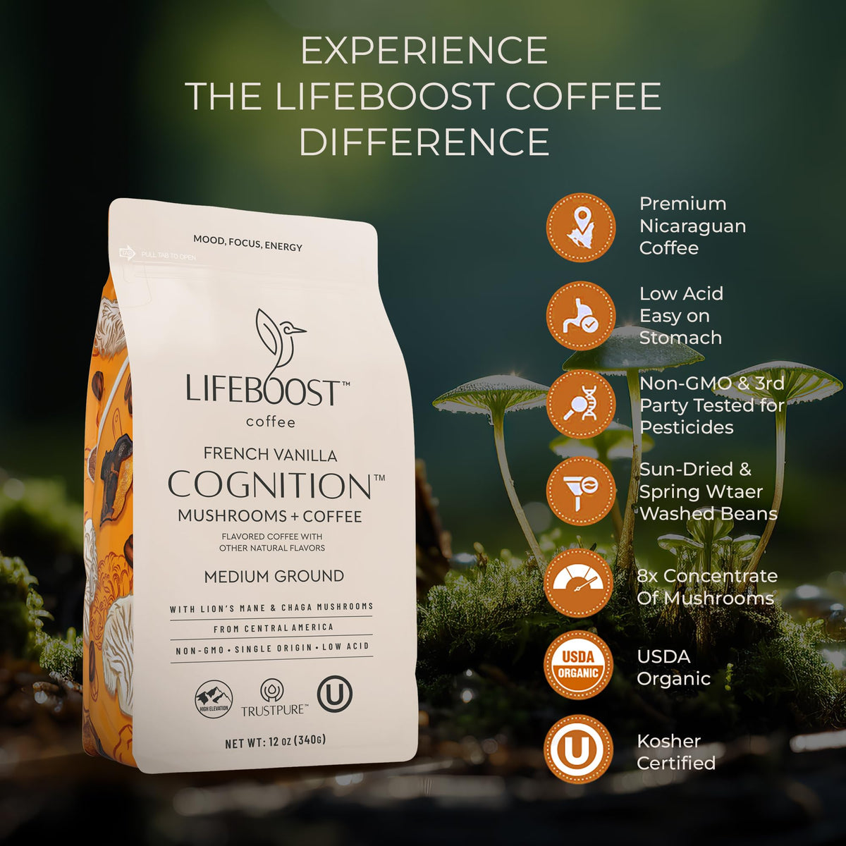 Lifeboost French Vanilla Cognition Mushroom Coffee – Low Acid, Lion’s Mane & Chaga, 12 oz Ground