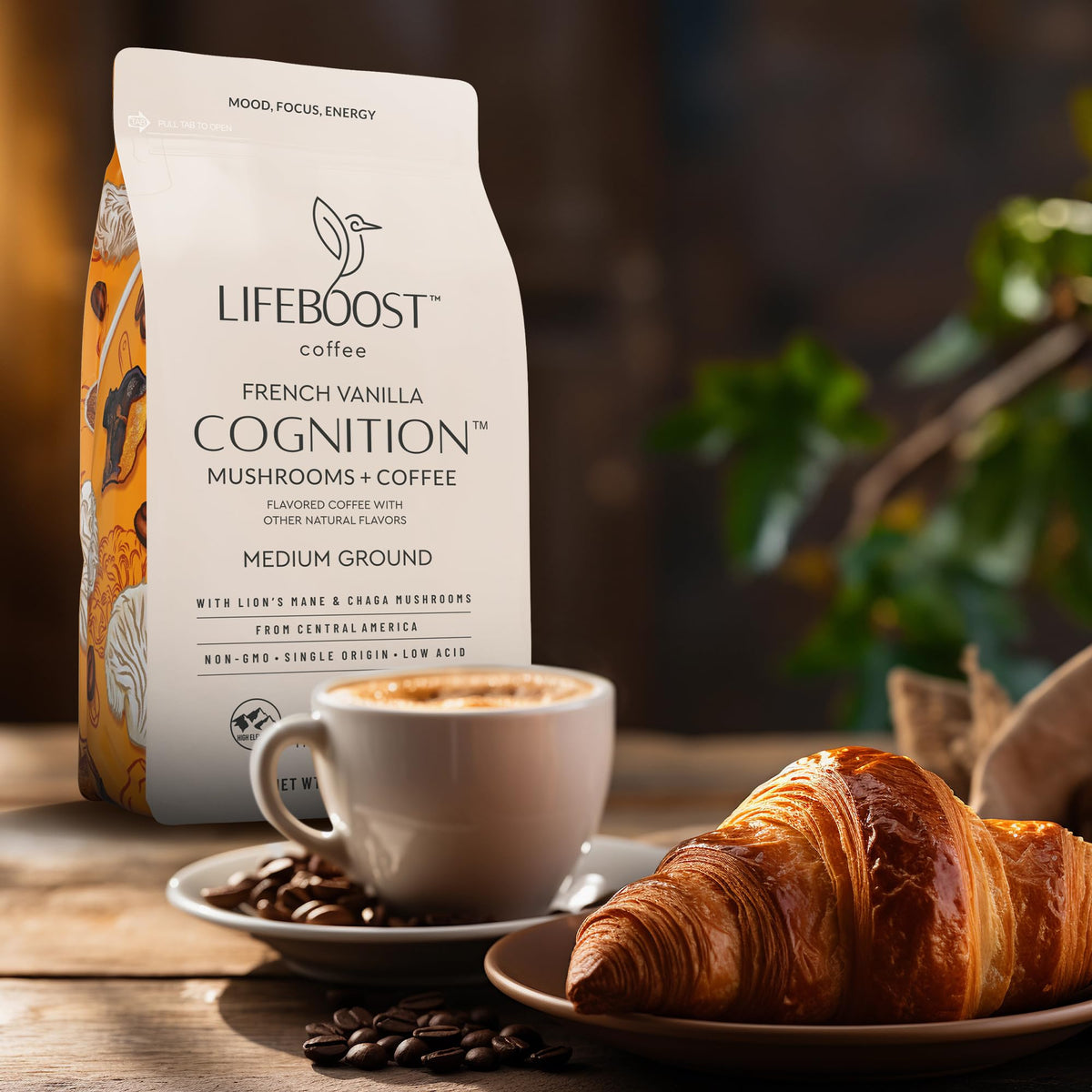Lifeboost French Vanilla Cognition Mushroom Coffee – Low Acid, Lion’s Mane & Chaga, 12 oz Ground