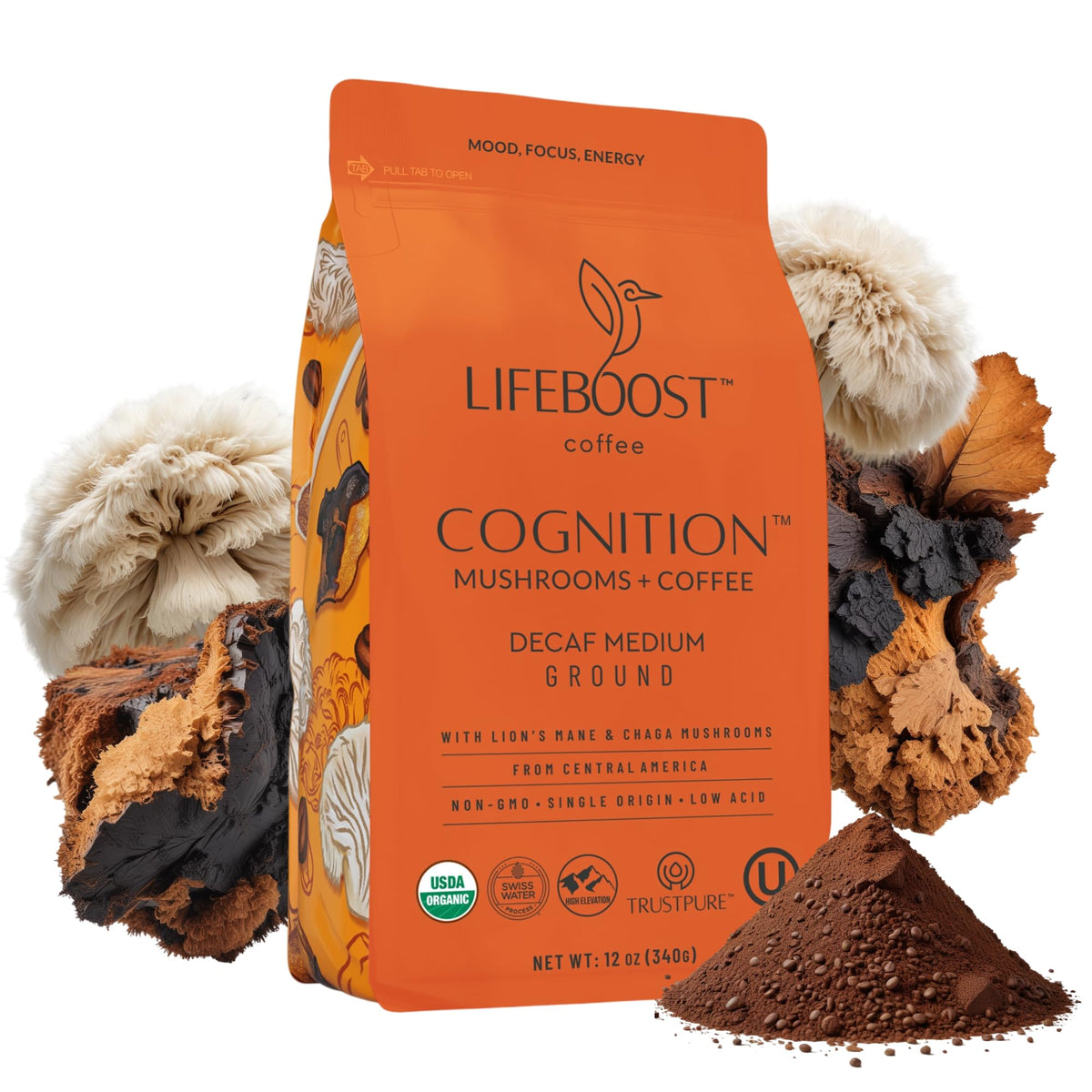 Lifeboost Cognition Decaf Mushroom Coffee – Low Acid, Lion’s Mane & Chaga (12 oz Ground)
