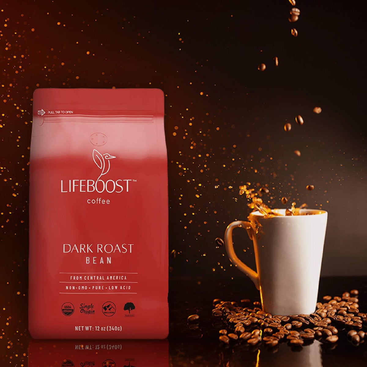 Lifeboost Dark Organic Coffee Beans — Single Origin, Low-Acid, Non-GMO, 12 oz