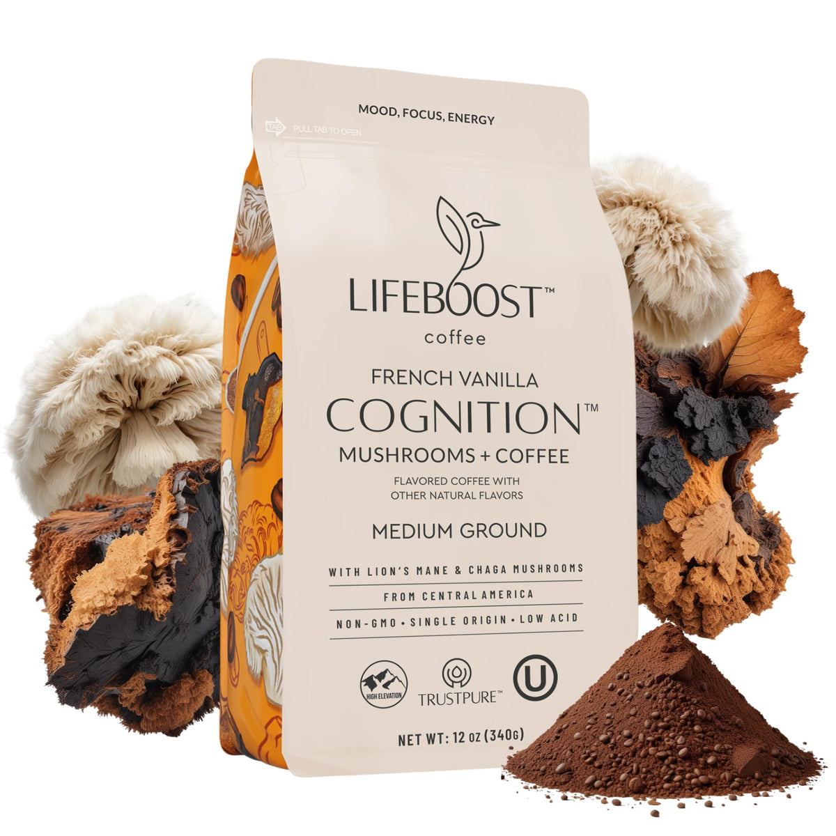 Lifeboost French Vanilla Cognition Mushroom Coffee – Low Acid, Lion’s Mane & Chaga, 12 oz Ground