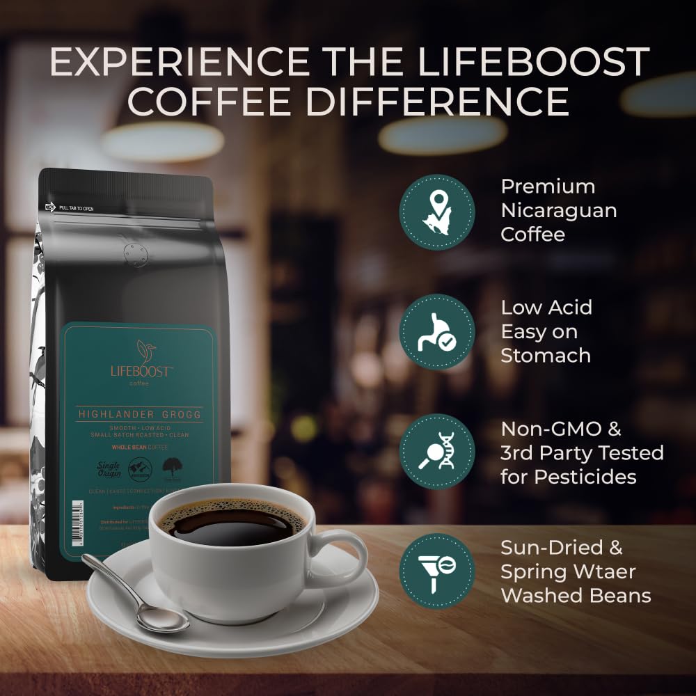 Lifeboost Highlander Grogg Whole Bean Coffee – Low Acid, Single Origin, Non-GMO, 12 oz