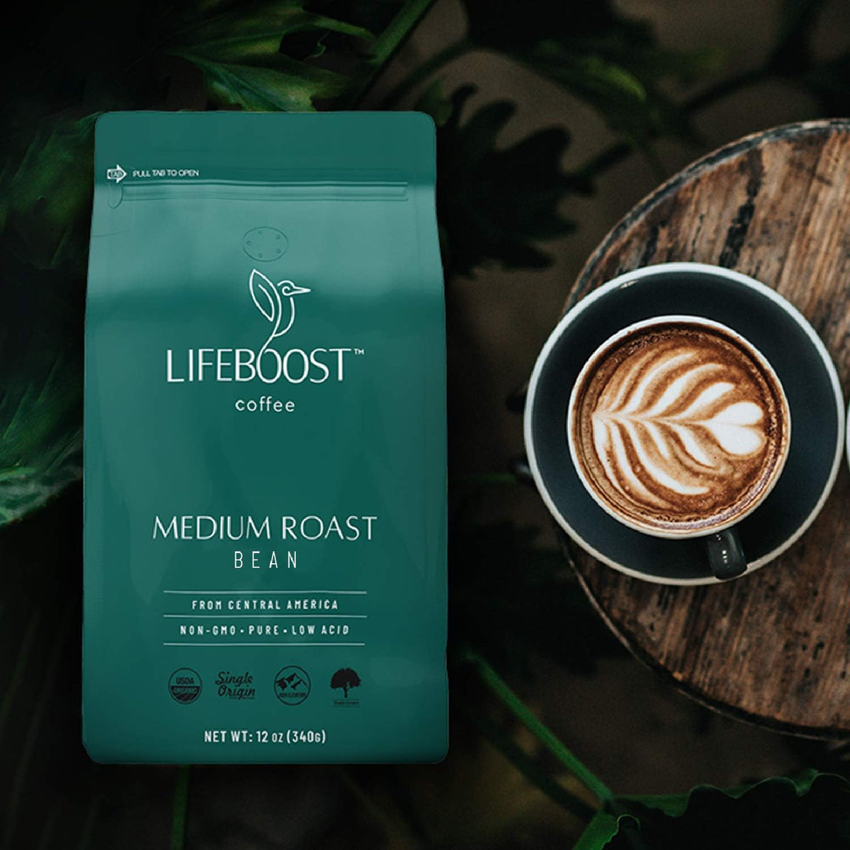 LIFEBOOST Organic Coffee Beans – Medium Roast, Low Acid, Single Origin, Non-GMO, 12 oz