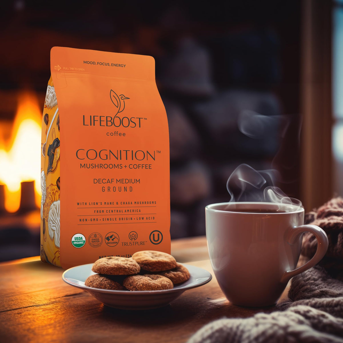 Lifeboost Cognition Decaf Mushroom Coffee – Low Acid, Lion’s Mane & Chaga (12 oz Ground)