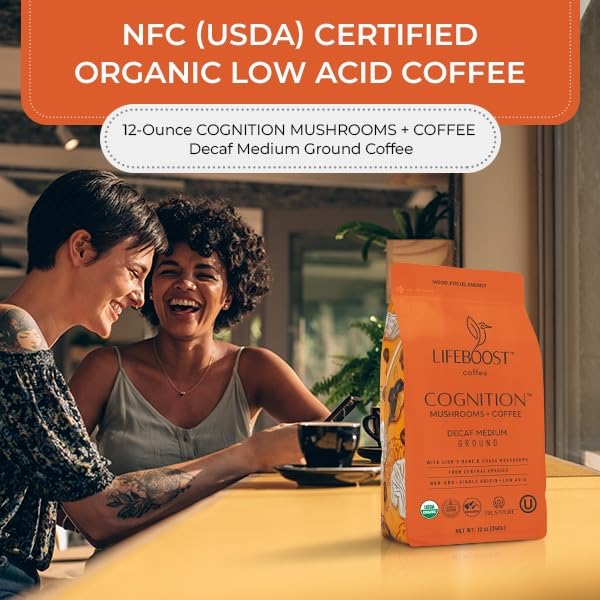 Lifeboost Cognition Decaf Mushroom Coffee – Low Acid, Lion’s Mane & Chaga (12 oz Ground)