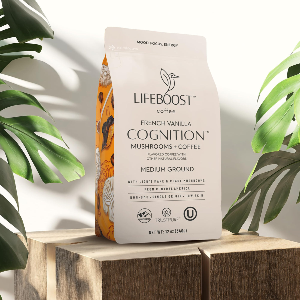 Lifeboost French Vanilla Cognition Mushroom Coffee – Low Acid, Lion’s Mane & Chaga, 12 oz Ground