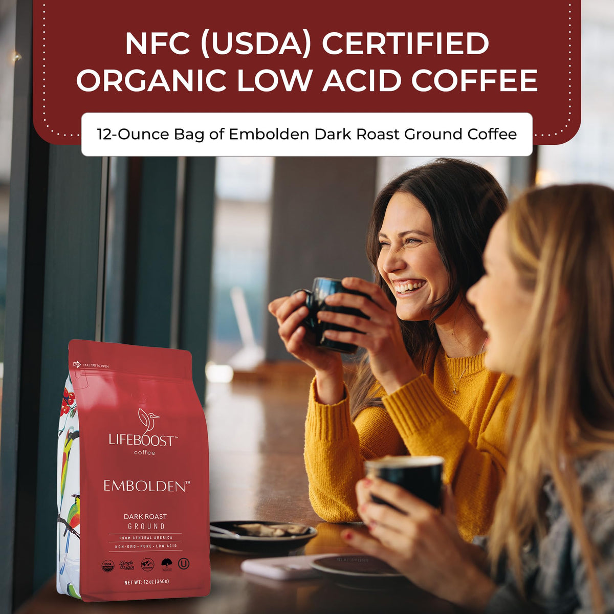 Lifeboost Dark Roast Ground Coffee – USDA Organic, Non-GMO, Low Acid