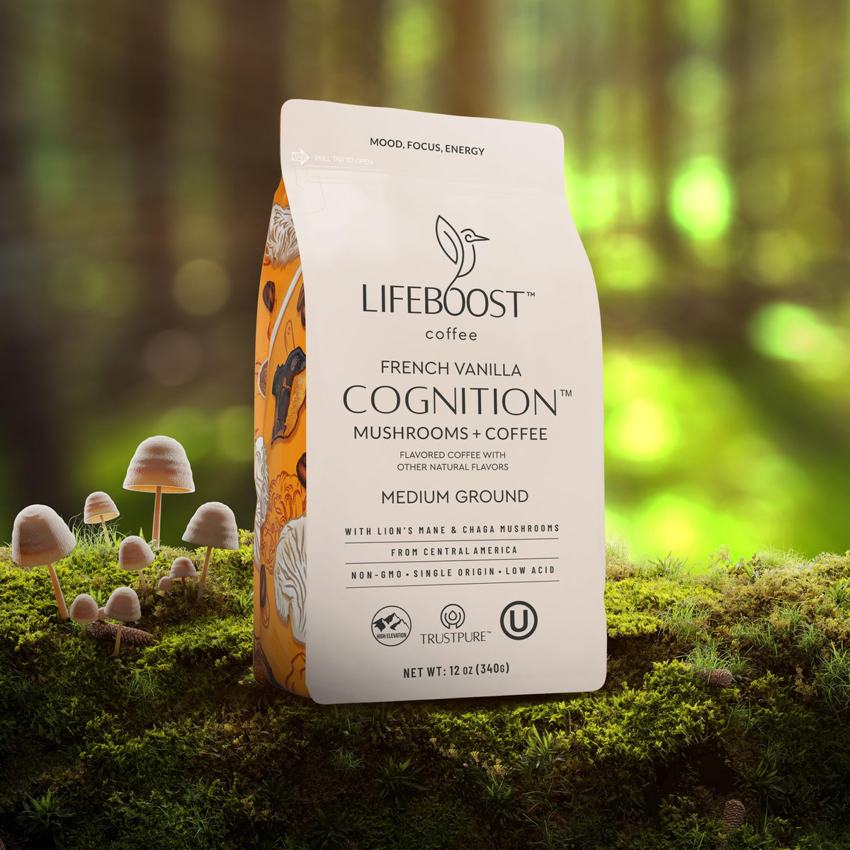 Lifeboost French Vanilla Cognition Mushroom Coffee – Low Acid, Lion’s Mane & Chaga, 12 oz Ground