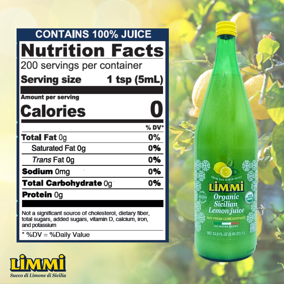Limmi Organic Sicilian Lemon Juice – 1L Glass Bottle (Pack of 2) | Freshly Squeezed, Not From Concentrate