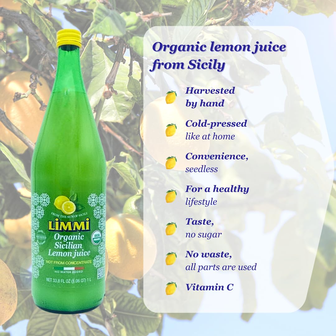 Limmi Organic Sicilian Lemon Juice – 1L Glass Bottle (Pack of 2) | Freshly Squeezed, Not From Concentrate