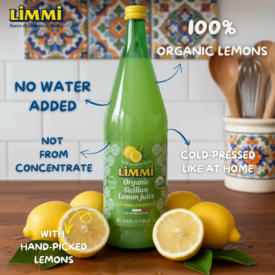 Limmi Organic Sicilian Lemon Juice – 1L Glass Bottle (Pack of 2) | Freshly Squeezed, Not From Concentrate