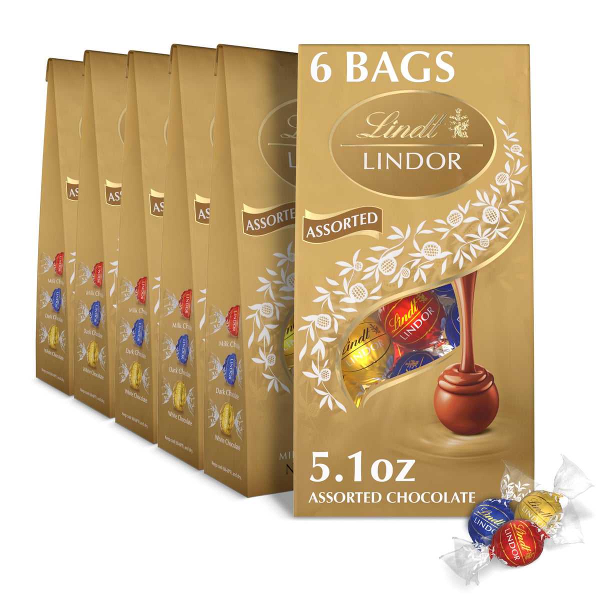 Lindt LINDOR Assorted Truffles – 6-Pack Gift Bags (5.1 oz each) | Milk, White & Dark Chocolates