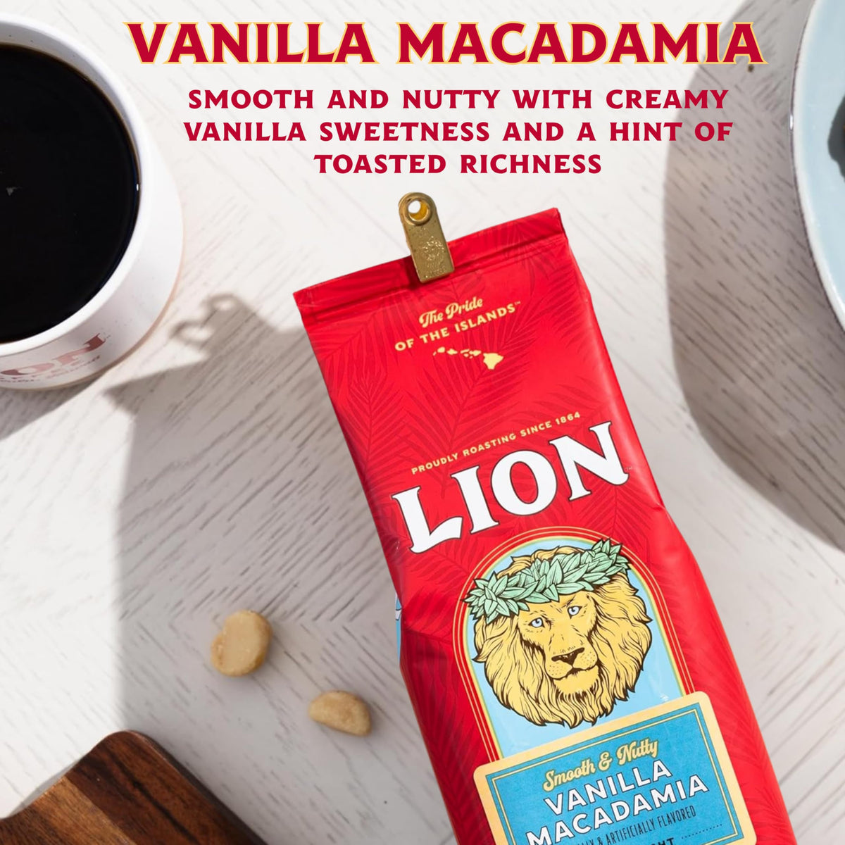 Lion Coffee Vanilla Macadamia Flavored Ground Coffee – Light Roast, Hawaiian Inspired (24 oz)
