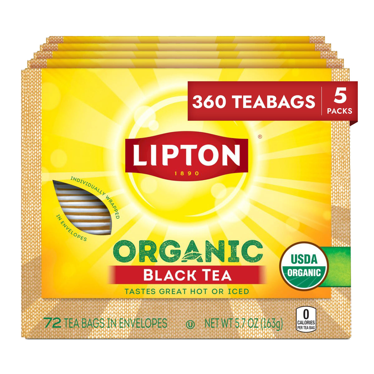 Lipton Organic Black Tea Bags – Hot or Iced, 360 Total Bags (5-Pack)
