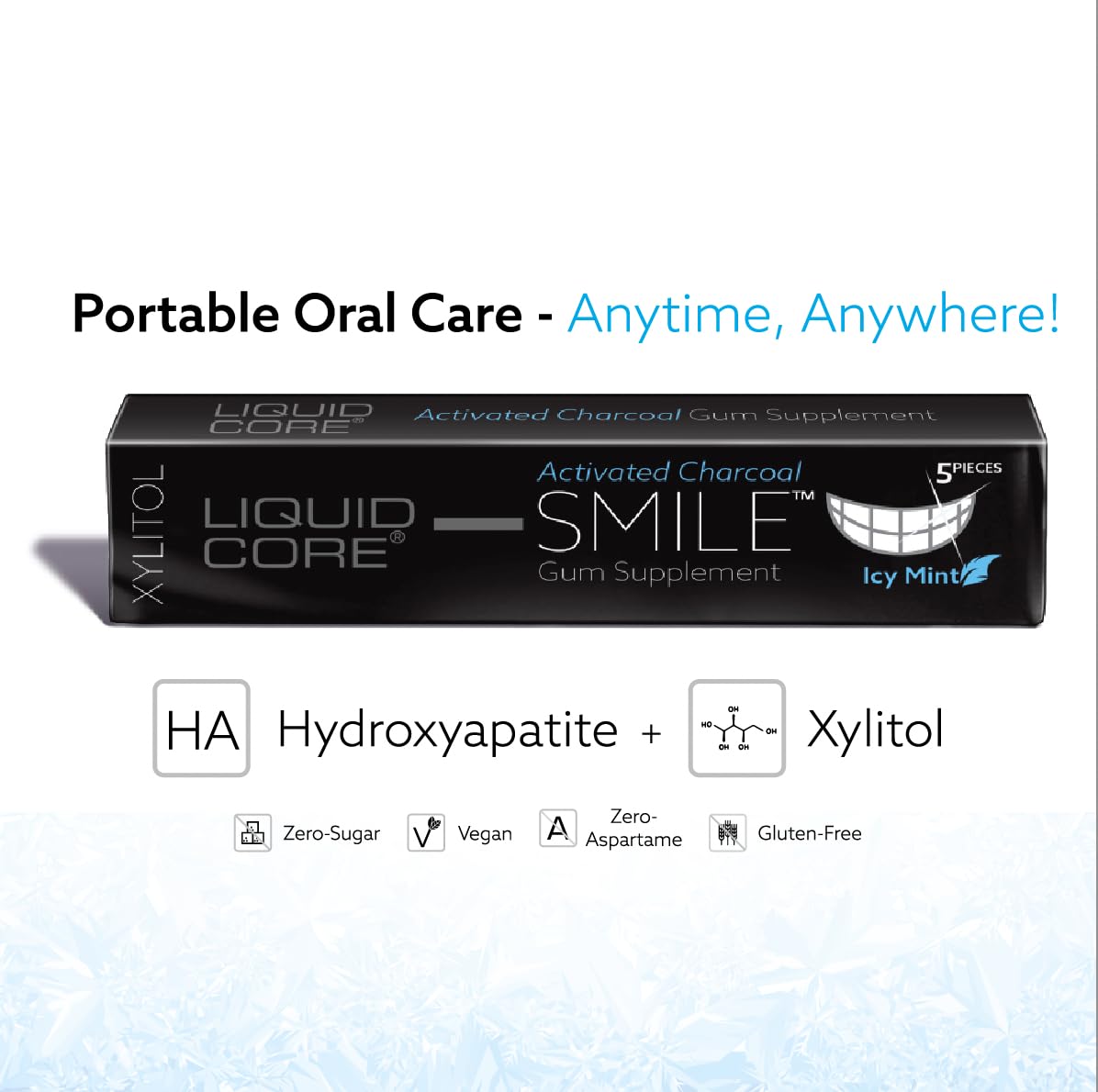 Liquid Core SMILE Activated Charcoal Gum with MCT Oil, Hydroxyapatite & Xylitol – Icy Mint Sugar-Free Gum (15 Pack)
