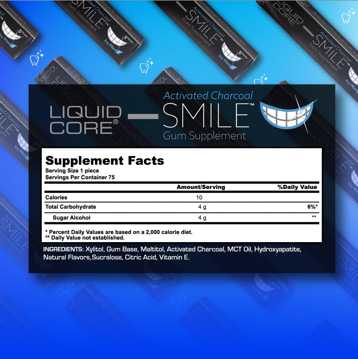 Liquid Core SMILE Activated Charcoal Gum with MCT Oil, Hydroxyapatite & Xylitol – Icy Mint Sugar-Free Gum (15 Pack)