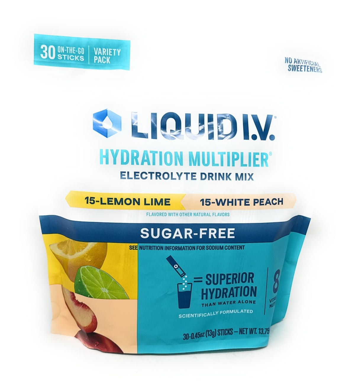 Liquid I.V. Sugar Free Hydration Multiplier Variety Pack – 30 Sticks (Lemon Lime & White Peach)