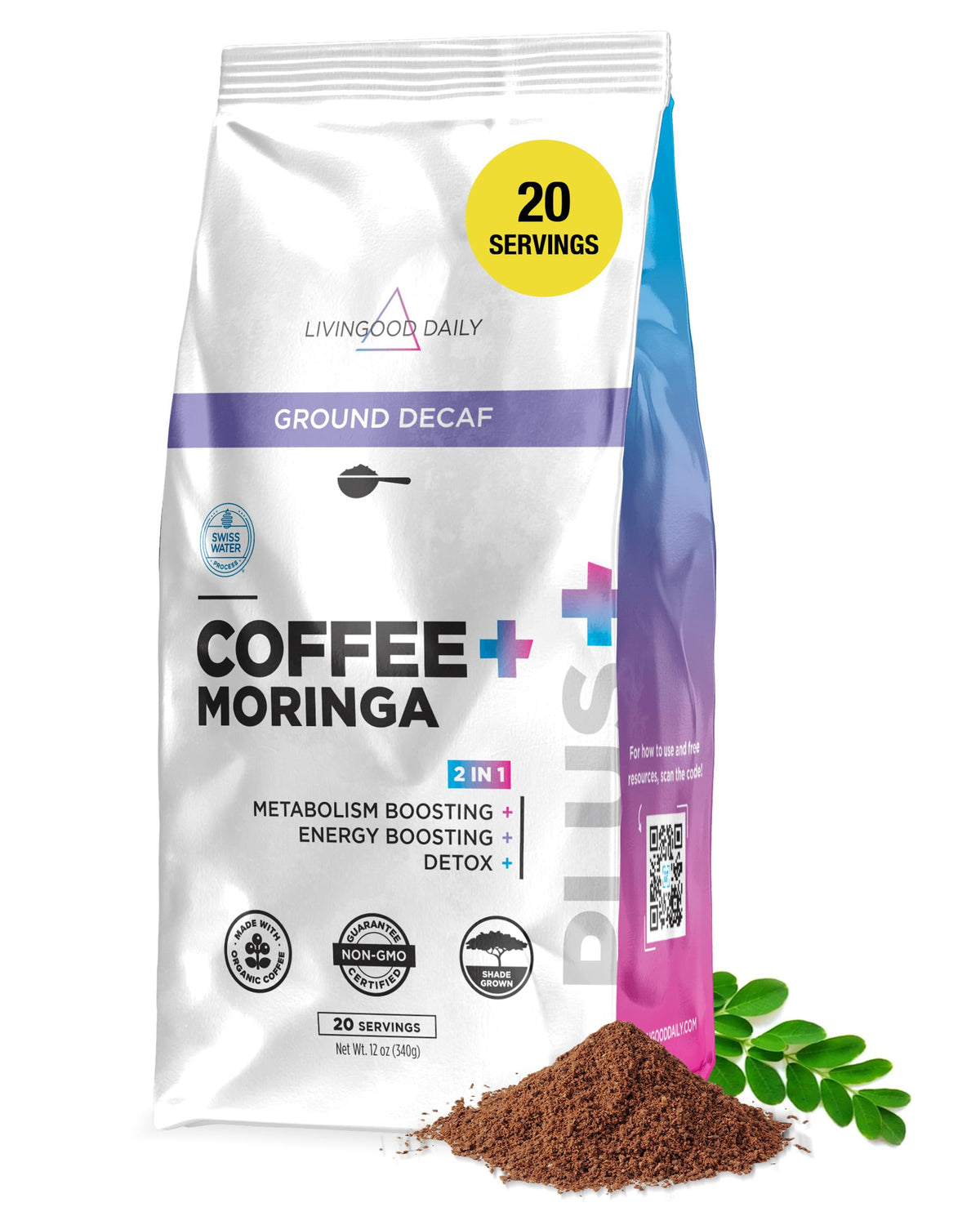 Livingood Daily Coffee with Moringa – Decaf Ground Coffee for Daily Wellness | 20 Servings