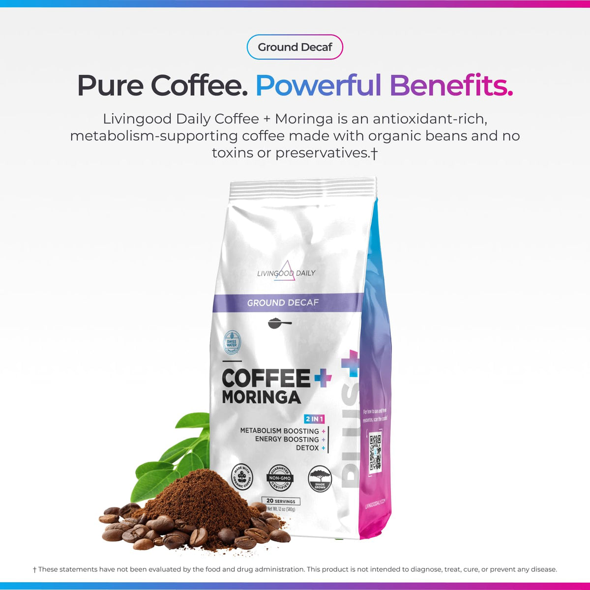 Livingood Daily Coffee with Moringa – Decaf Ground Coffee for Daily Wellness | 20 Servings