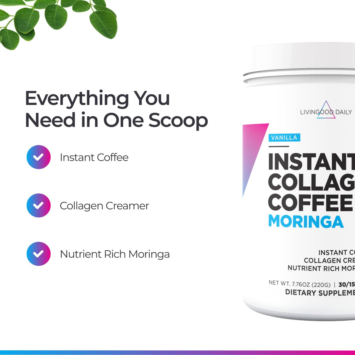 Livingood Daily Instant Collagen Coffee with Moringa, Vanilla – Low Acid, Organic, 12 oz