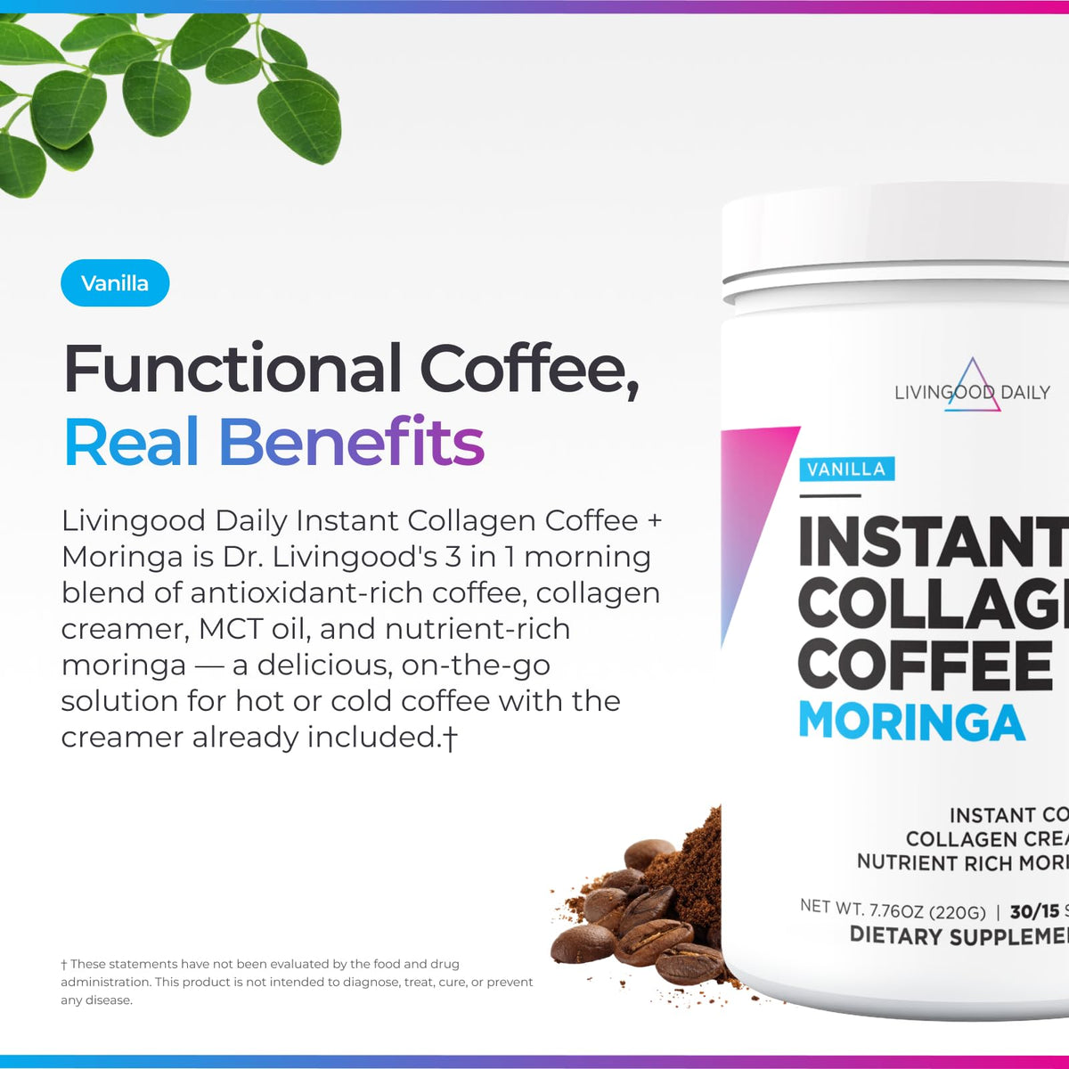 Livingood Daily Instant Collagen Coffee with Moringa, Vanilla – Low Acid, Organic, 12 oz