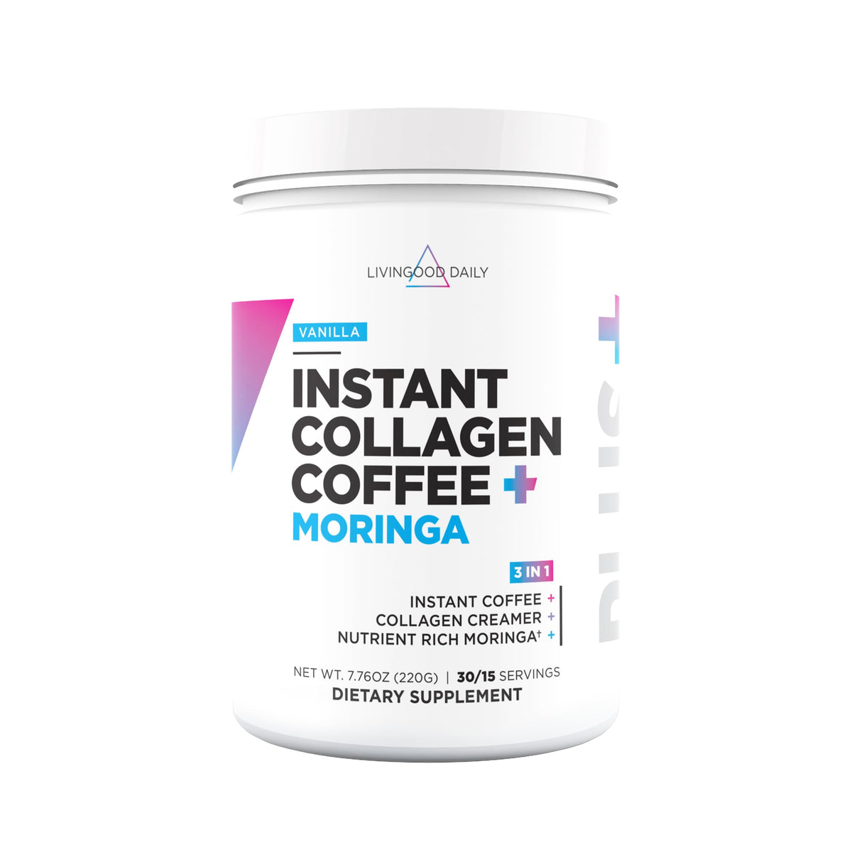 Livingood Daily Instant Collagen Coffee with Moringa, Vanilla – Low Acid, Organic, 12 oz